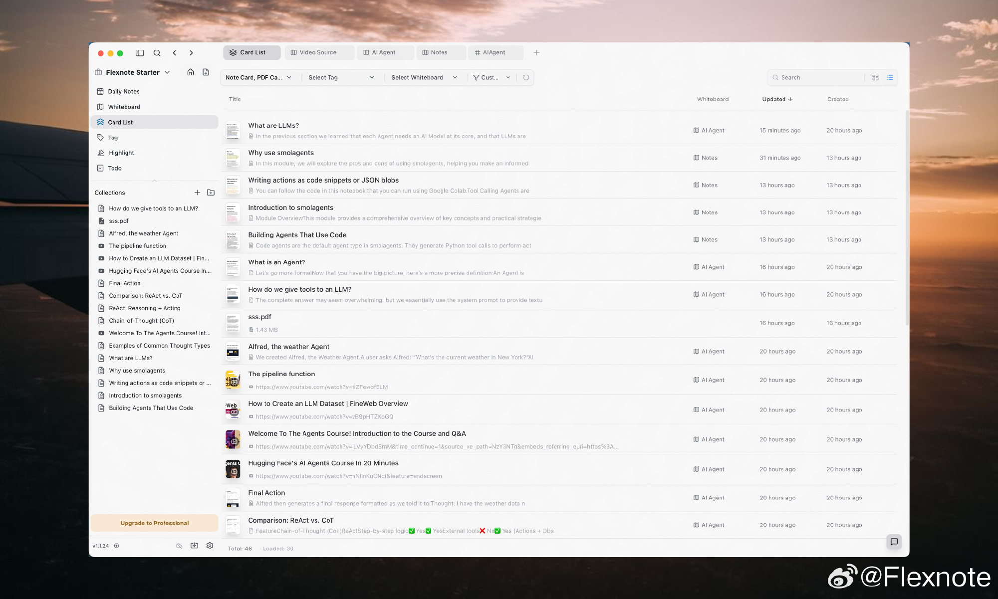 List view in the FlexNote card library