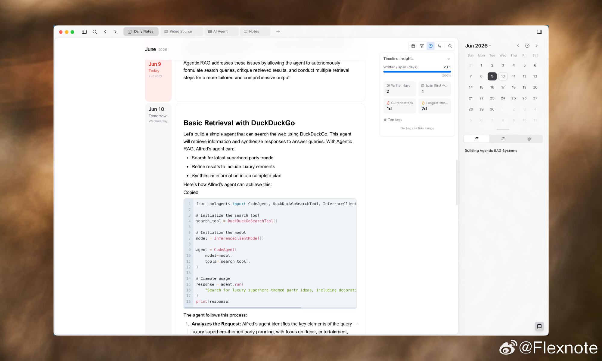 FlexNote daily notes with timeline insights and calendar