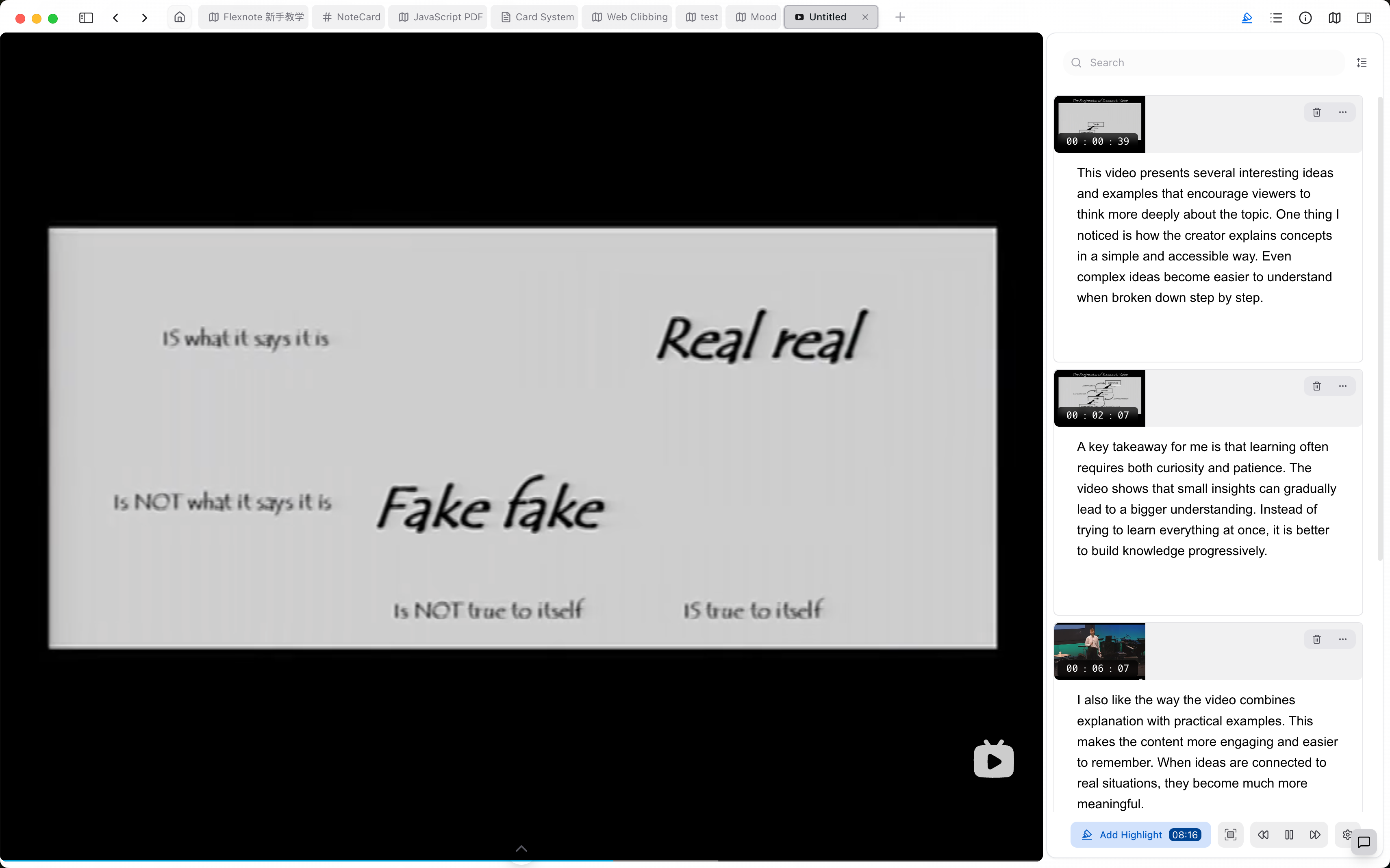 Video highlights and timestamped notes in FlexNote